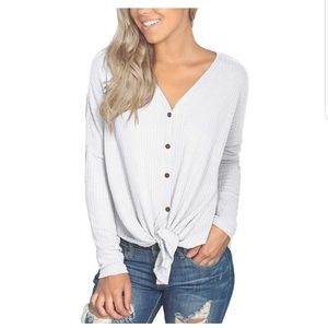 Waffle knit front tie top in white